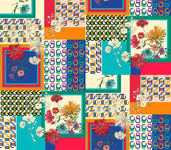 Płynny Nowoczesny Wzór Mozaiki Kwiatami Liniami Etniczny Styl Indyjski Gotowe — Zdjęcie stockowe