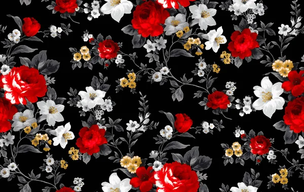 Seamless watercolor floral design with black background for textile prints.