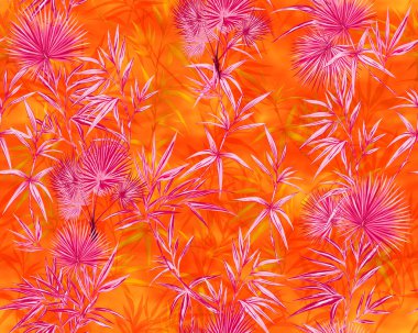 Kusursuz, sanatsal, egzotik ormanlı, orjinal stil arka planda açık turuncu arka planda fuşya yapraklı tropik orman deseni..