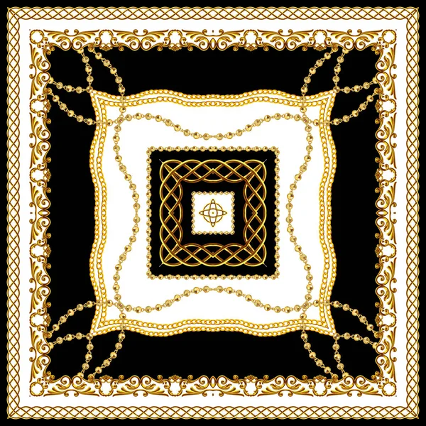 シルクプリント用スカーフデザイン チェーン 黒と白の色を持つ黄金のバロック インドスタイルのパターン繊維の準備ができて — ストック写真