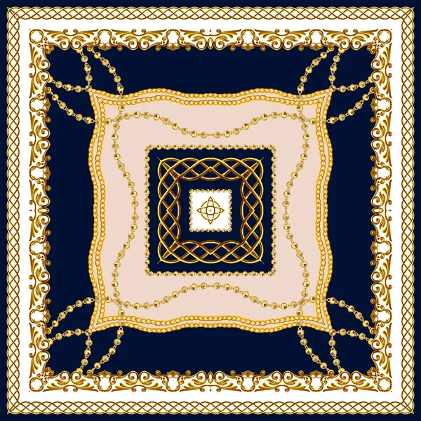 Scarf Design Silk Print Golden Baroque Chains Dark Blue White — Stock Photo, Image