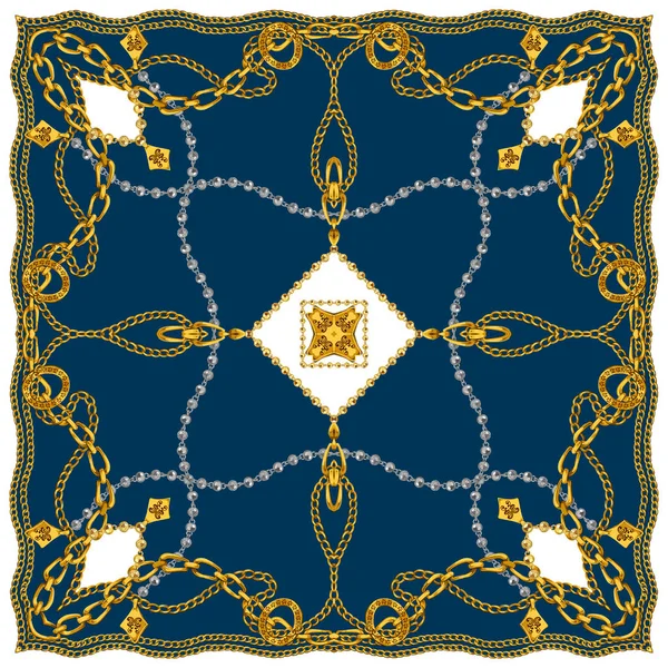 チェーン付きの黄金のバロック シルク印刷のためのインドスタイルスカーフデザイン 古典的な青の背景 テキスタイルのためのモダンなパターン準備 — ストック写真