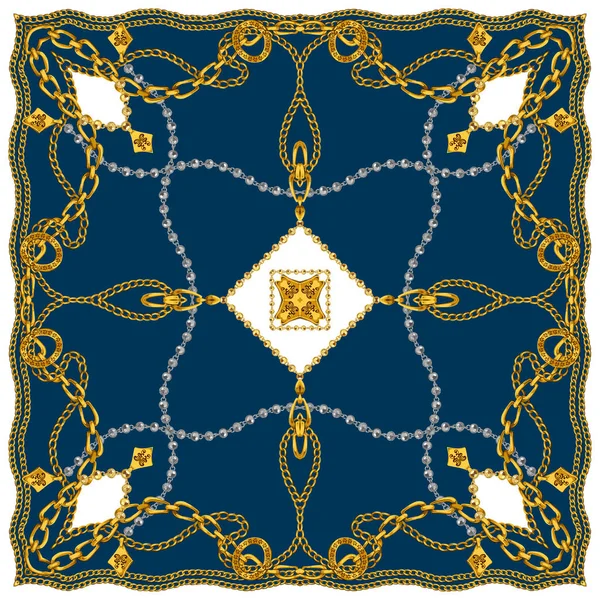 Zincirli Altın Barok. İpek Yazdırma için Hint Tarzı Atkı Tasarımı. Klasik Mavi Arkaplan. Modern Desen Tekstil İçin Hazır. 