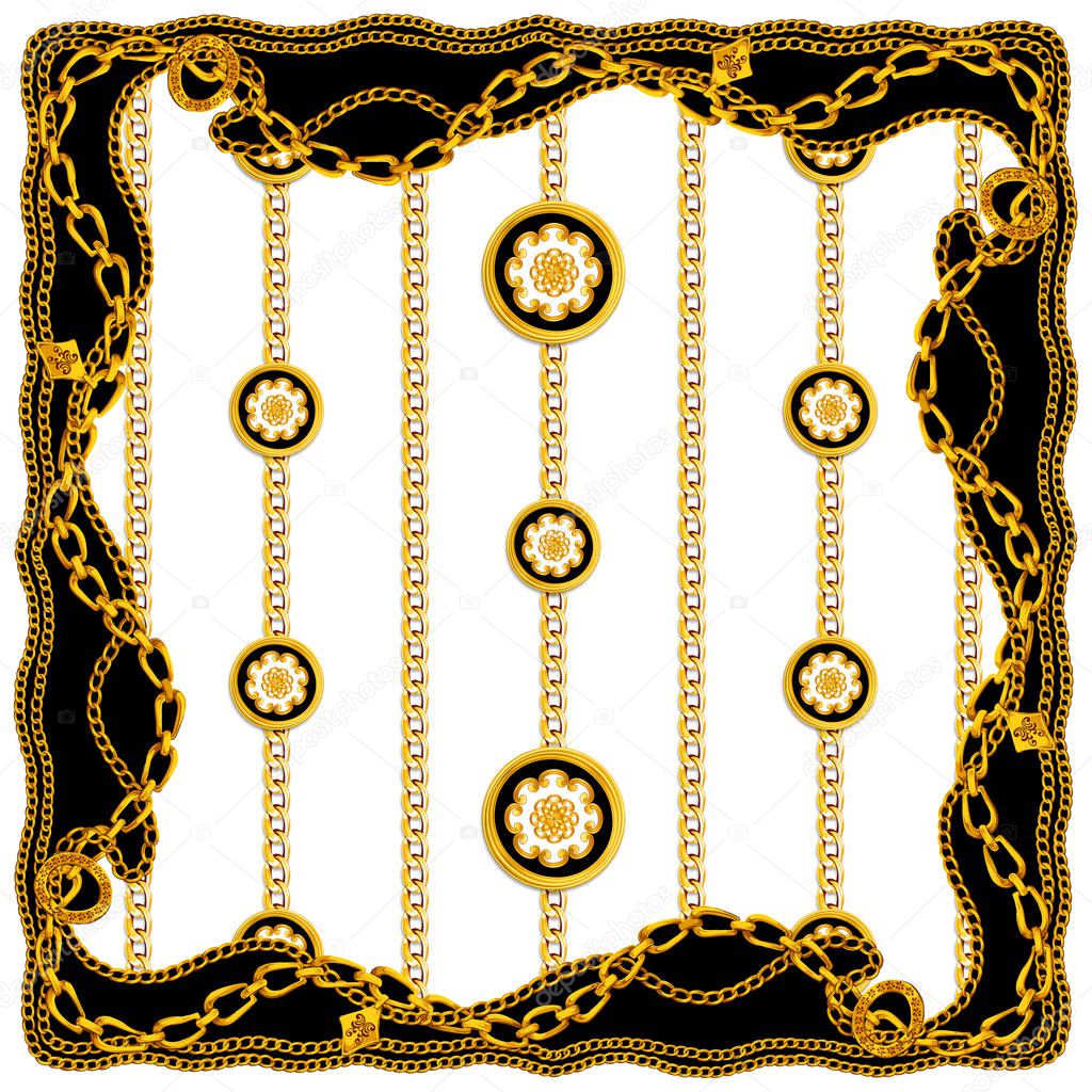 Golden Baroque with Chains on White Background. Modern Style Pattern Ready for Textile. Scarf Design for Silk Print.