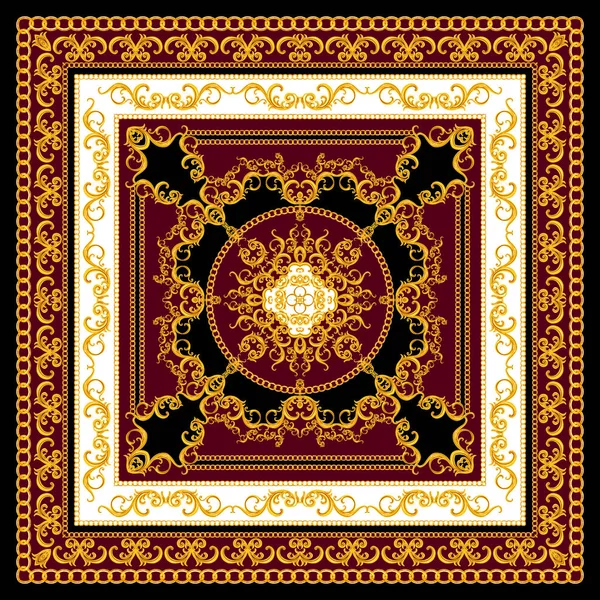 Golden Baroque with Chains on Black and Dark Red Background. Modern Style Pattern Ready for Textile. Scarf Design for Silk Print.