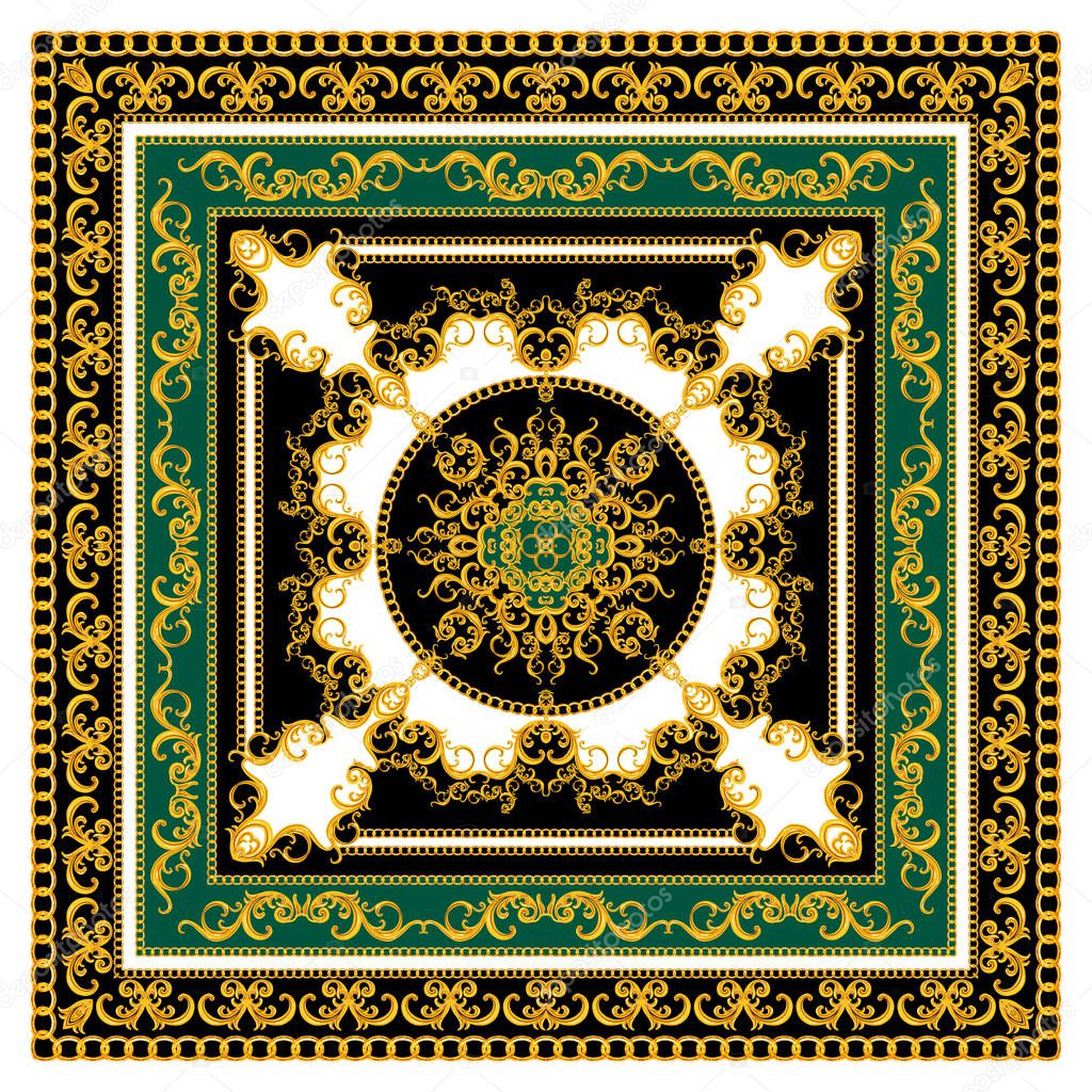 Golden Baroque with Chains on Black and Green Background. Modern Style Pattern Ready for Textile. Scarf Design for Silk Print.