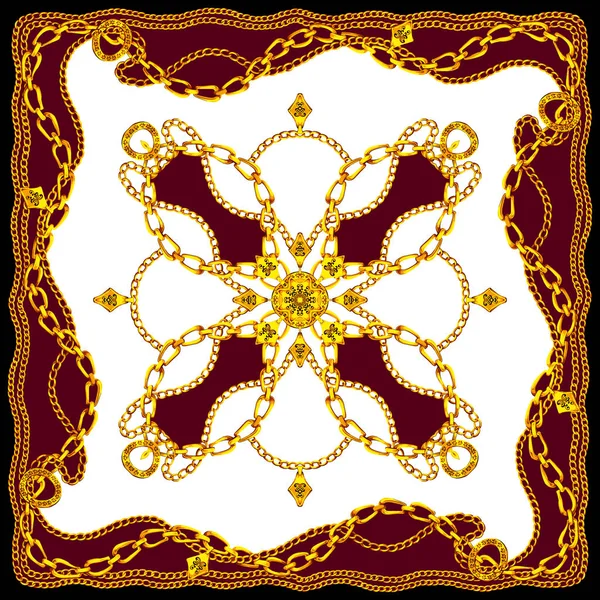 Altın zincirli ipek eşarp. Beyaz Arkaplanda Mücevher Şalı Tasarımı. Lüks Altın Barok. Tekstil Yazdırımları İçin Hazır.