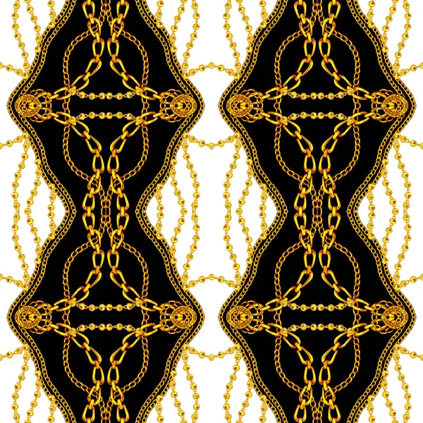 Модный Бесшовный Платок Золотыми Цепями Черно Белом Фоне Конструкция Ткани — стоковое фото