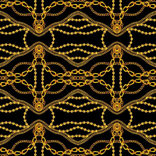 Moda Płynny Wzór Złotymi Łańcuchami Czarnym Tle Projekt Tkaniny Łańcuchem — Zdjęcie stockowe