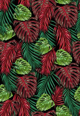 Kusursuz tropikal yapraklar, orman yaz palmiyesi yaprakları. Yazdırma, kumaş, eşarp tasarımı için yama.