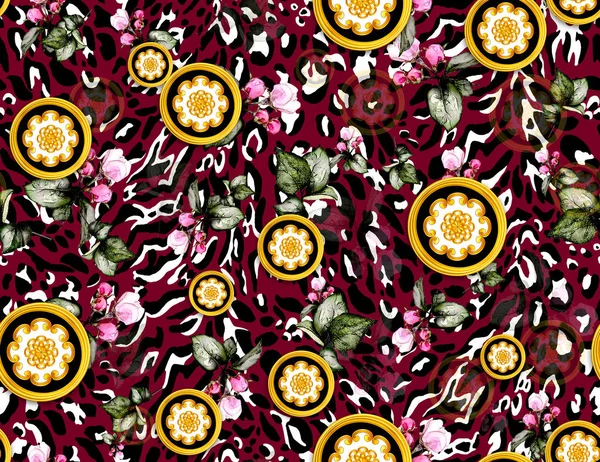 Patrón Sin Costura Leopardo Con Motivo Decorativo Antiguo Dorado Repitiendo — Foto de Stock
