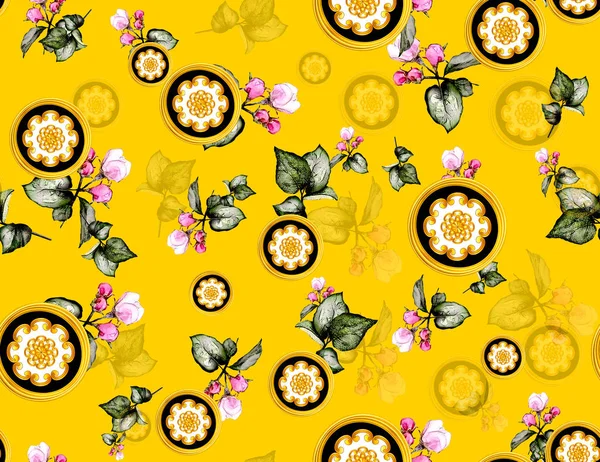 Seamless Flowers Pattern with Golden Antique Decorative Motif on Yellow Background. Designed for textile, wallpaper, covers, surface, print, gift wrap, decoupage. Ready for textile prints.