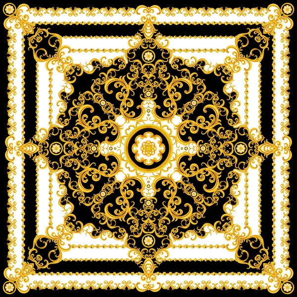 Luksusowy Modny Wzór Barokowymi Złotymi Łańcuchami Czarno Białym Tle Jedwabny — Zdjęcie stockowe