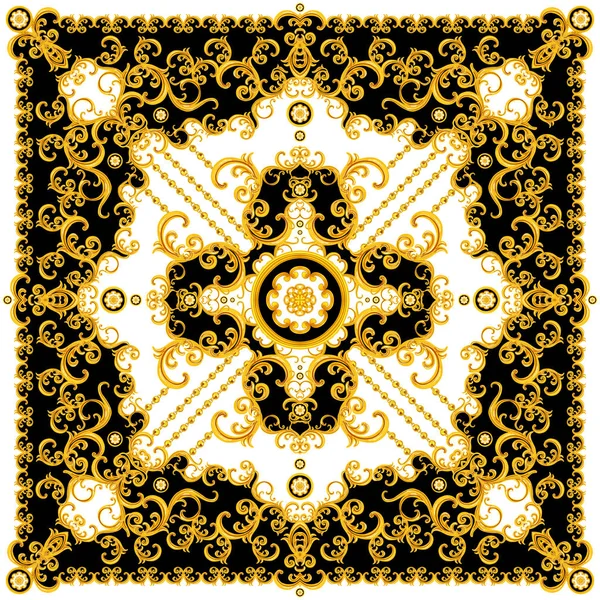 Luxury Fashional Pattern with Baroque and Golden Chains on Black and White Background.  Silk Scarf Jewelry Shawl Design. Ready for Textile Prints.