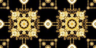 Barok ve Altın Zincirli Lüks Moda Şablonu Altın Antika Dekoratif Motifli Kusursuz Şablon. Doku tekrarlanıyor. Tekstil Yazdırımları İçin Hazır.