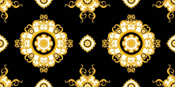 Luxury Fashional Pattern Golden Baroque Black Background Silk Scarf Jewelry — Stock Photo, Image