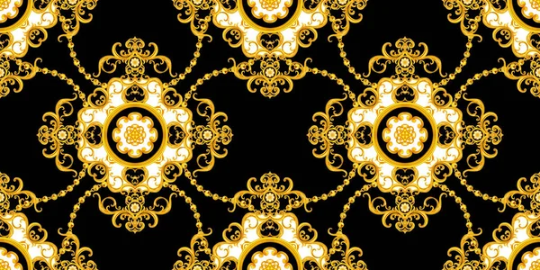 Luxury Fashional Pattern Baroque Golden Chains Black White Background Silk — стокове фото