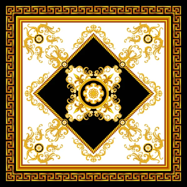 Luxusní Módní Vzor Barokními Zlatými Řetězy Černobílém Pozadí Hedvábný Šátek — Stock fotografie