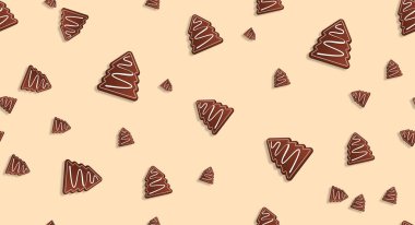 Açık kahverengi arka planda Noel ağacı kurabiyeleri, tekstil baskısı için dizayn edilmiş kusursuz desenler..