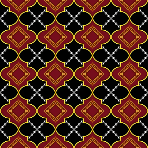 シルバーチェーンとシームレスな高級幾何学的なゴールデンMorrocanトレリスパターン 赤と黒の背景に金色のモチーフ テキスタイルプリントの準備 — ストック写真