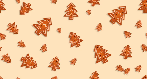 明るい茶色の背景にクリスマスツリークッキー シームレスパターンテキスタイルプリント用に設計されています — ストック写真