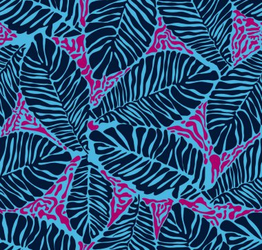 Güzel el, tropikal ve pürüzsüz desen çizmiş. Palmiye yapraklarıyla tekrarlanan arkaplan.