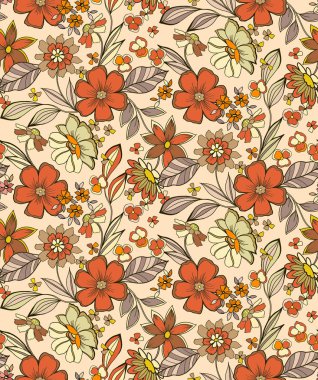 Çiçeklerin kusursuz deseni, moda, tekstil, kumaş ve açık sarı arka plandaki tüm izler için el çizimi tarzı..
