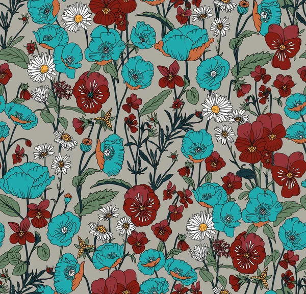 Güzel çiçeklerin kusursuz deseni. Aydınlık arkaplanda tekstil baskıları için kusursuz çizilmiş çiçek tasarımı.