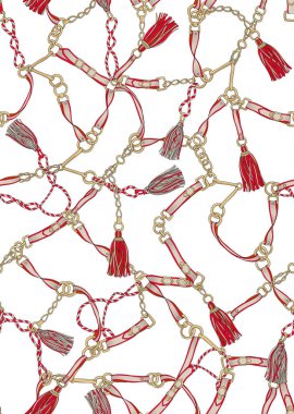 Beyaz Arkaplanda Altın Zincirli Moda Kusursuz Şablon. Kumaş Tasarımı Zincirli Arkaplan.