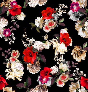 Sorunsuz imkanı çiçek Tekstil için renkli; Retro tarzı çiçek düzenlenmesi, vintage tarzı siyah arka plan ile.