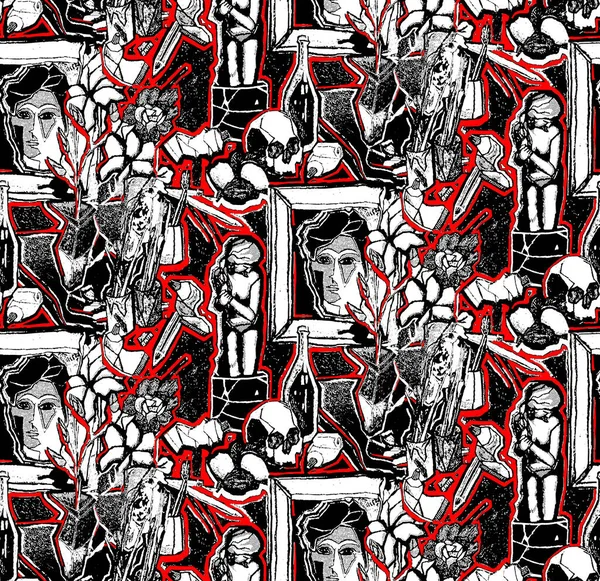 Gatukonst Abstrakt Bakgrundsbild Komplett Graffitimålning Svartvita Toner Med Tecknad Karaktär — Stockfoto