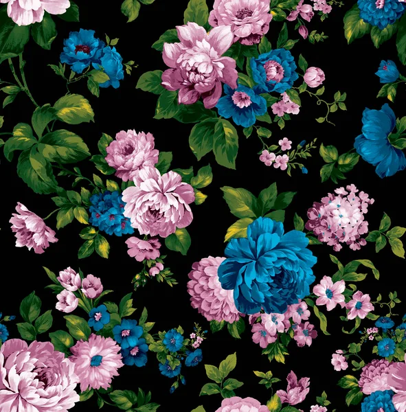 Sömlös Akvarell Blommönster Med Svart Bakgrund För Textila Utskrifter — Stockfoto