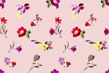 Pembe arka planda çiçekler olan kusursuz bir desen. Kumaş tekstil izleri için yama.