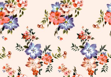 Tekstil için pürüzsüz renkli çiçekler; retro tarzı çiçekleri tekrarla, açık arkaplan ile eski tarz.
