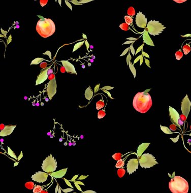 Kusursuz meyve bahçesi deseni. Siyah arka planda klasik çiçekler. Duvar kağıdı. Çiçek açan gerçekçi izole çiçekler.. 