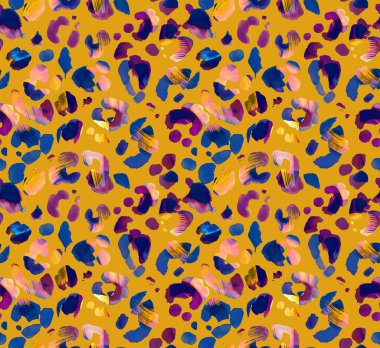 Moda tekstil baskılarına hazır koyu sarı arka planlı kusursuz hayvan leopar deseni..