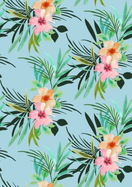 Yapraklı, kusursuz çiçek deseni. Açık mavi arkaplanda kumaş baskısı için hazır.