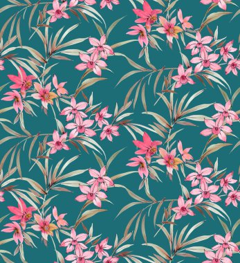 Yeşil arka planda yaprakları ve çiçekleri olan kusursuz bir desen. Romantik tropikal dizayn. Kumaş tekstil izleri için yama.