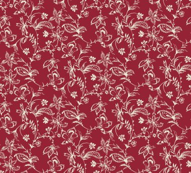 Koyu kırmızı arka planı olan kusursuz desenli çiçek deseni. Tekstil baskıları için hazır.