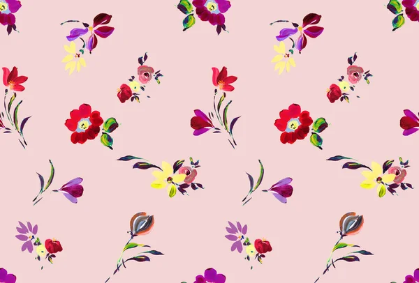 Pembe arka planda çiçekler olan kusursuz bir desen. Kumaş tekstil izleri için yama.