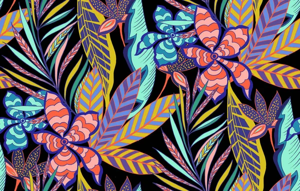 Kesintisiz renkli tropikal çiçek Tekstil için; Retro Hawaii tarzı çiçek düzenlenmesi, vintage tarzı siyah arka plan ile.
