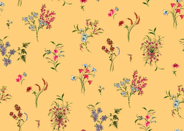 Seamless Pattern Flowers Yellow Background Patch Fabric Textile Prints — Stock Photo, Image