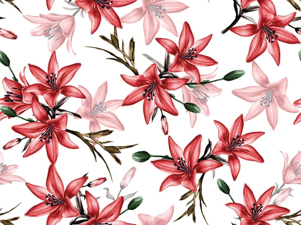 Naadloos Patroon Met Felgekleurde Bloemen Bladeren Een Witte Achtergrond Het — Stockfoto
