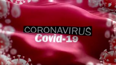 Rüzgarda uçuşan CoronaVirus bayrağı. 4K Yüksek Çözünürlük Tam HD. Kırmızı üzerine CoronaVirüs Bayrağı Covid-19 'un Döngü Videosu.