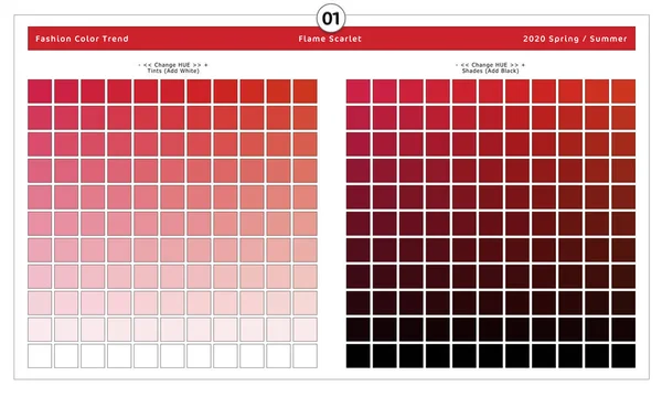 2020 Spring / Spring Summer / Flame Scarlet / for Textile Prints and Digital Use. Fashion Trend Colors Guide with Tints and Shades Swatches.