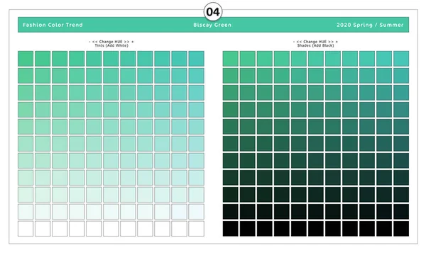 2020 Spring / Spring Summer / Biscay Green / for Textile Prints and Digital Use. Fashion Trend Colors Guide with Tints and Shades Swatches.