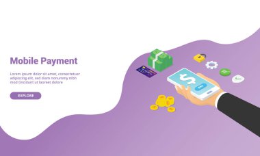 Web sitesi indirme ana sayfası ya da izometrik biçimli pankart için mobil ödeme teknolojisi uygulaması
