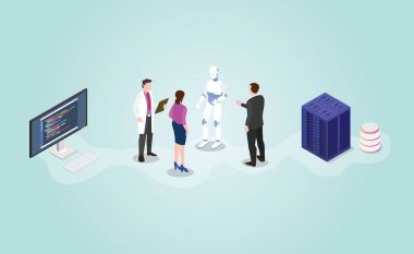 Gelecekteki teknoloji robotu ai yapay zeka gelişimi izometrik modern düz stil - vektör