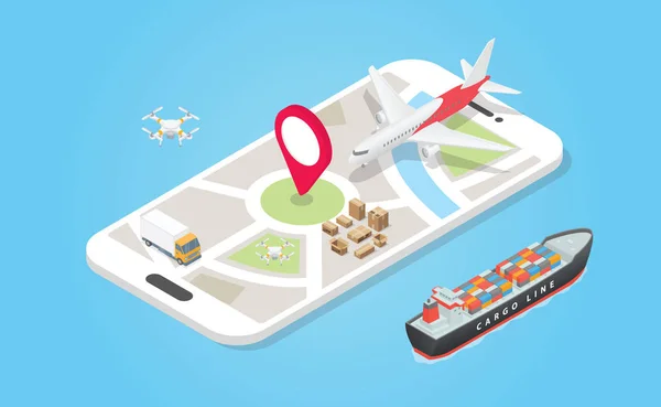 Smart delivery systeem transport met diverse modellen zoals lucht land en zee met smartphone app track met moderne platte stijl - vector — Stockvector