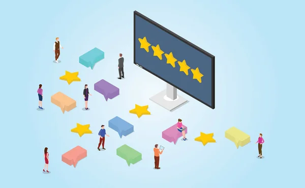 Avaliação de feedback de negócios com estrela de ouro na tela do monitor e comentário com pessoas de equipe com estilo isométrico moderno - vetor —  Vetores de Stock